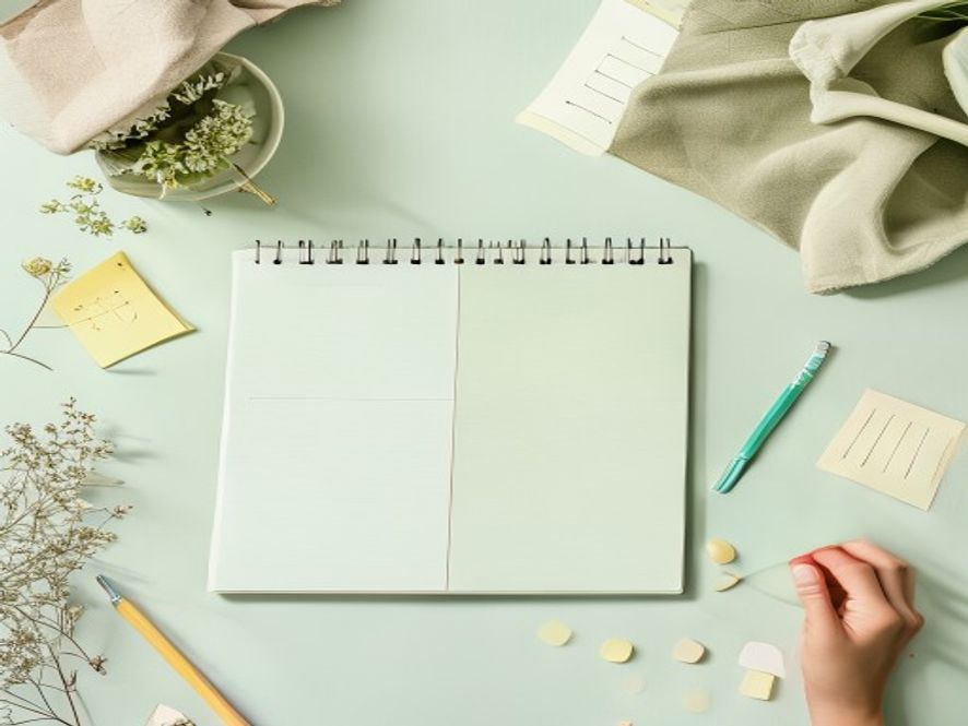 Olika planeringsverktyg på ett skrivbord — kalender, anteckningsbok och ritverktyg